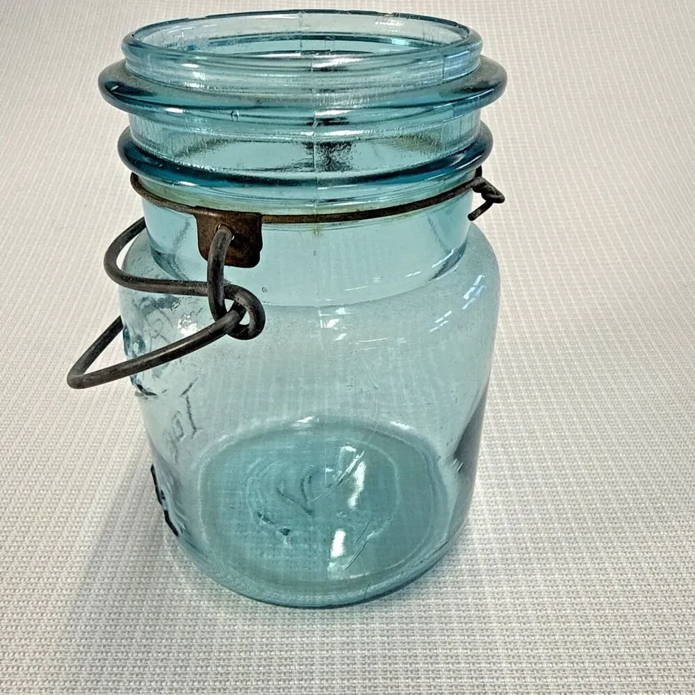 Vintage Ball Ideal Mason Jar Aqua Blue Glass w/ Wire RARE #2 - no lid, not dated